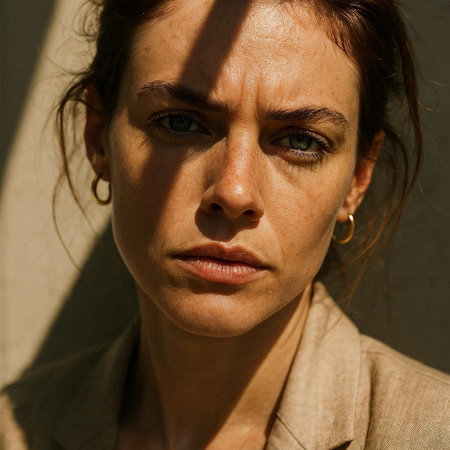Portrait of a beautiful woman with green eyes looking at the camera