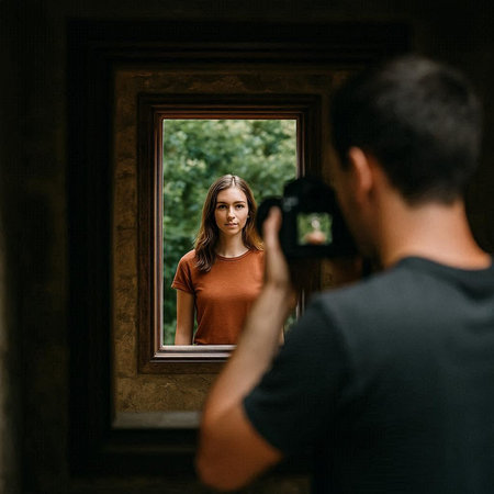 Photographer taking picture of young woman in front of window at home