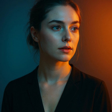 Portrait of a beautiful young woman in a black dress on a dark backgroundの写真素材