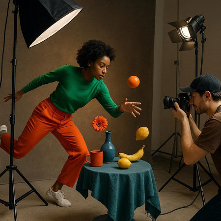 Young african american woman in a bright green sweater and a cap with an orange in the studioの写真素材