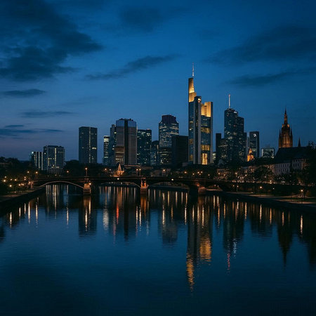 Frankfurt am Main skyline at dusk with skyscrapers, Germanyの写真素材