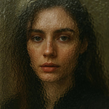 Portrait of a young woman looking through a wet glass window.