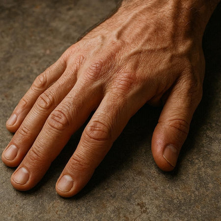 closeup of a man's hand on a concrete background, studio shot