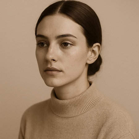 Portrait of a beautiful young woman in a beige sweater.の写真素材