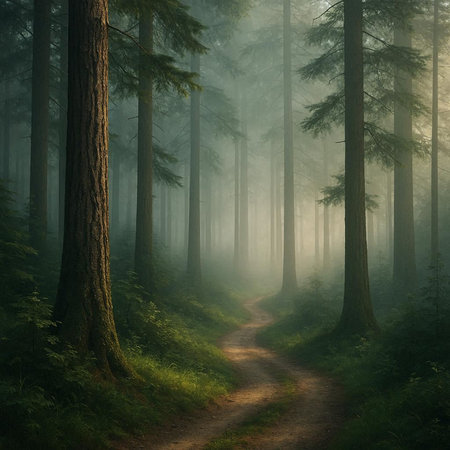 Mysterious and mysterious forest in the morning with fog and path