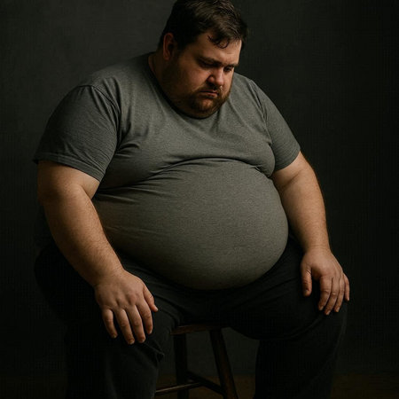 Fat man with overweight on a dark background. Portrait of a overweight man on a dark background.