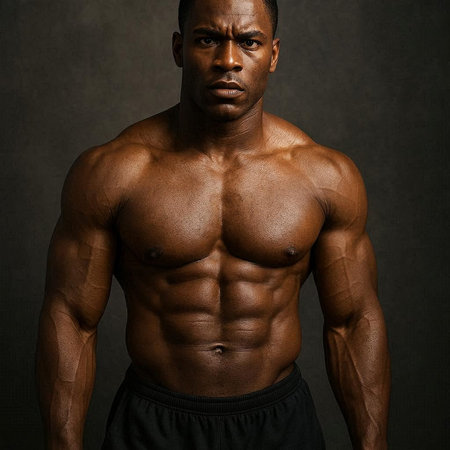 Portrait of a strong muscular black man posing over dark background.