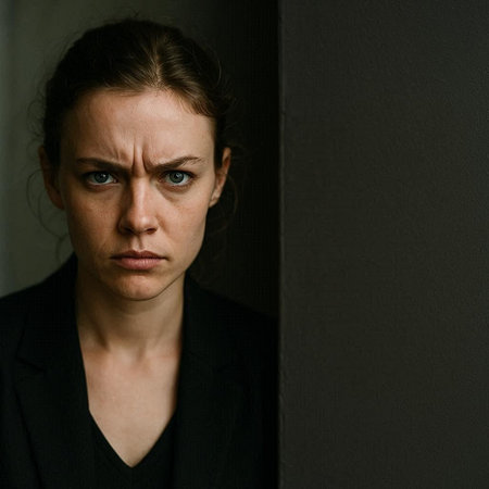 Portrait of a young sad woman in a black jacket looking at the camera