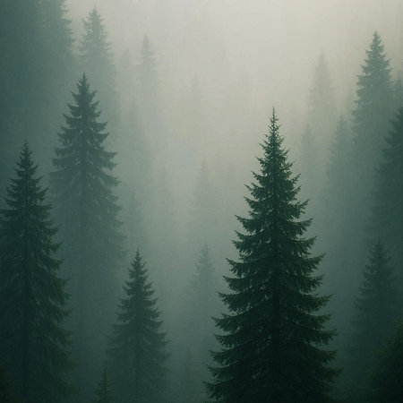 Foggy landscape with coniferous forest in the mountains.