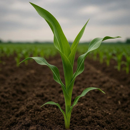 Young corn plant growing in the field, close-up view.