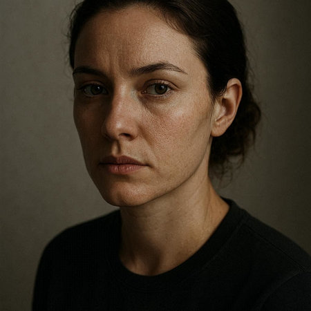 Portrait of a woman with freckles on her face.
