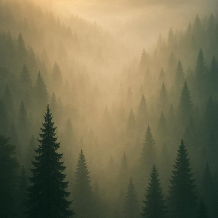 Foggy landscape with coniferous forest in Carpathian mountains