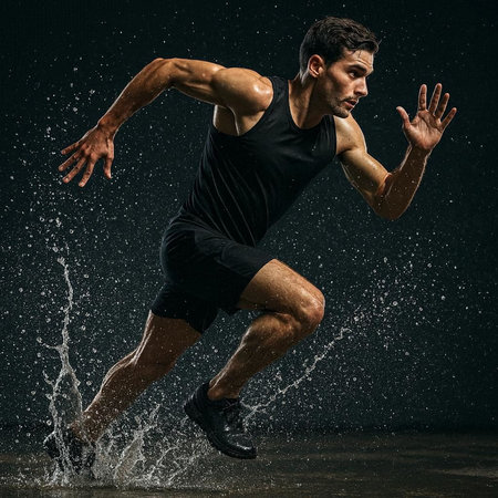 one caucasian man runner jogger running in water studio on black background