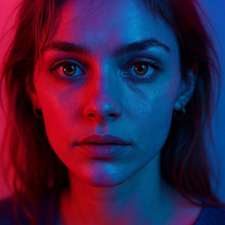 Portrait of a beautiful young woman looking at camera in neon lightの写真素材