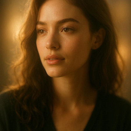 Portrait of beautiful young woman with long curly hair in black sweaterの写真素材