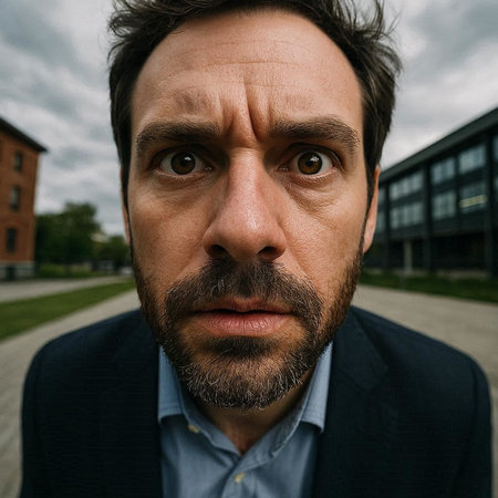 Portrait of a man with a beard on a background of an old school buildingの写真素材