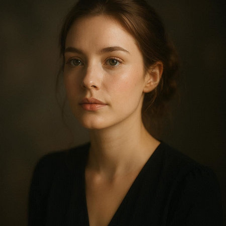 Portrait of a beautiful young woman in a black dress on a dark backgroundの写真素材