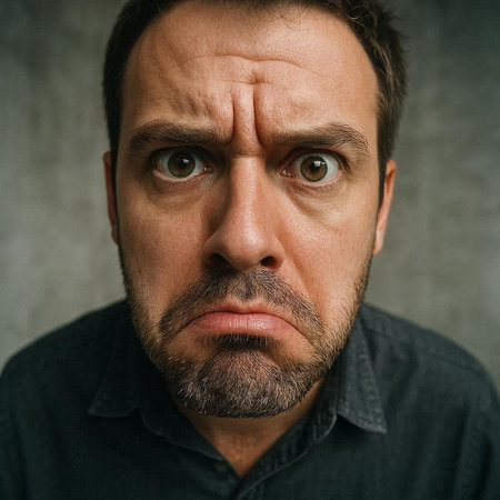 Portrait of a man with a beard and mustache looking at the cameraの写真素材