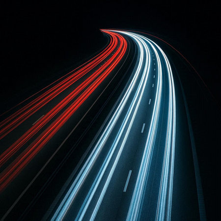 lights of moving cars at night. long exposure red, blue, green