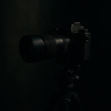 Camera on a black background with reflection. Close-up. Studio shot.