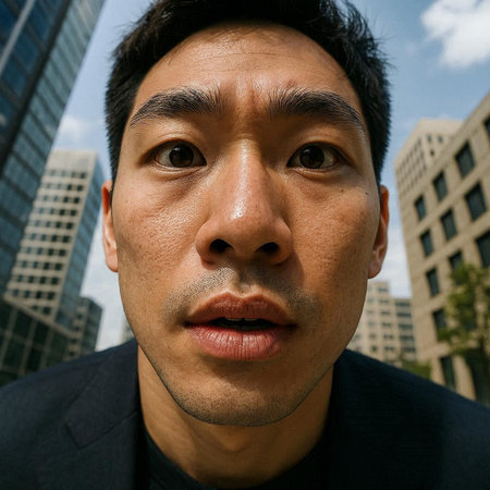 Asian man looking at the camera with a serious expression on his face