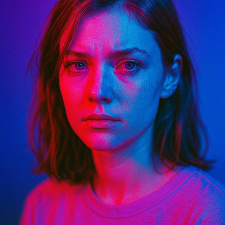 Portrait of a beautiful young woman in pink and blue neon light.