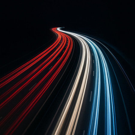 lights of moving cars at night. long exposure red, blue, greenの写真素材
