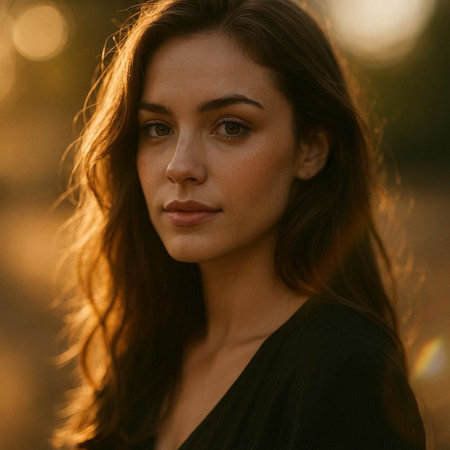 Portrait of a beautiful young brunette woman in a black dress.