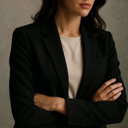 Close up of business woman in black suit with arms crossed on grey background