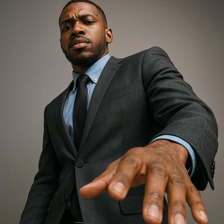 African american businessman gesturing with his hand on a gray background