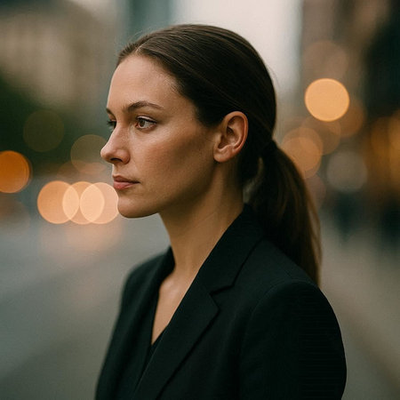 Portrait of a young business woman in the city at night.の写真素材