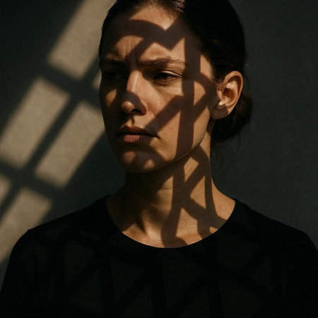 Portrait of a young woman in a black T-shirt with a shadow on the wall