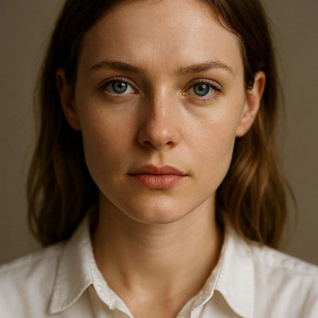 Close-up portrait of a beautiful young woman with blue eyes.の写真素材