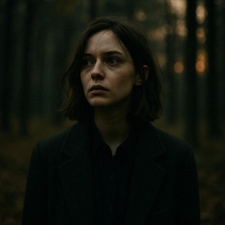 Portrait of a girl in a dark coat in the forest.