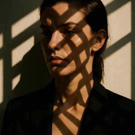 Portrait of a beautiful young woman with shadows on the wall.