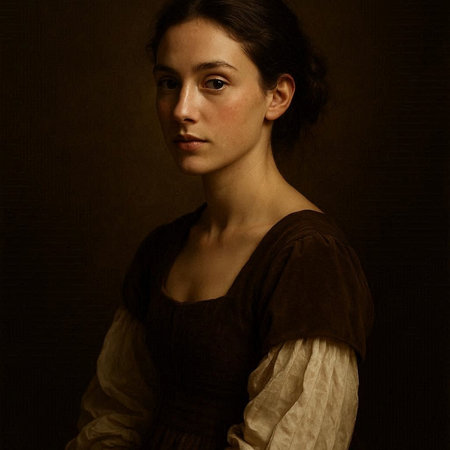 Portrait of a beautiful young brunette woman in a brown dressの写真素材