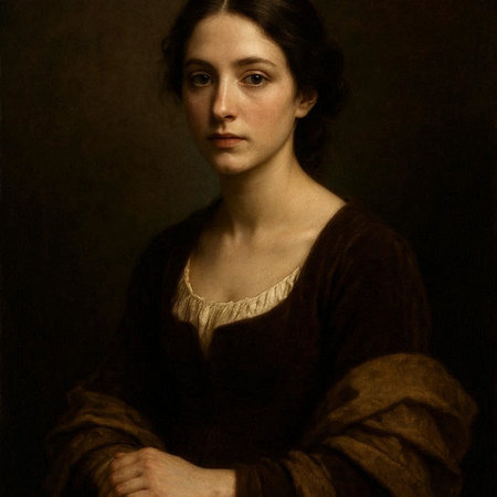 Portrait of a young woman in a brown dress. Studio shot.の写真素材