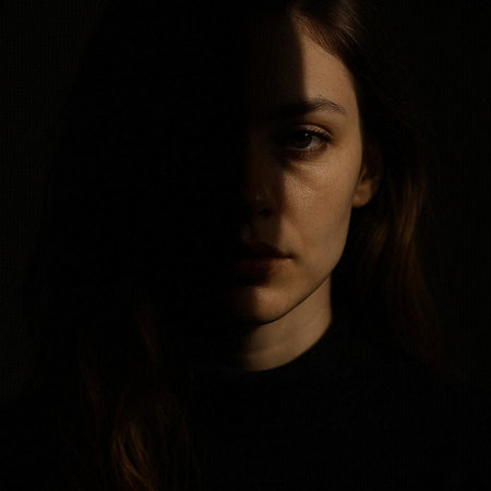 Portrait of a beautiful young woman with long brown hair in the dark