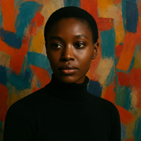 Portrait of a beautiful young African American woman in a black sweaterの写真素材