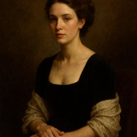 Portrait of a beautiful woman in a black dress on a dark backgroundの写真素材