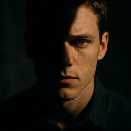 Portrait of a handsome man in a black shirt on a dark background