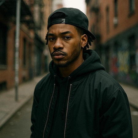 Handsome african american man in a black cap and jacket on a city streetの写真素材