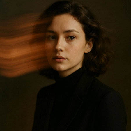 Portrait of a beautiful young woman in a black coat with flying hair