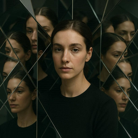 Portrait of beautiful young woman looking at camera with reflection in mirror