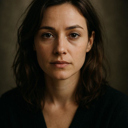 Portrait of a beautiful woman with dark hair and brown eyes.