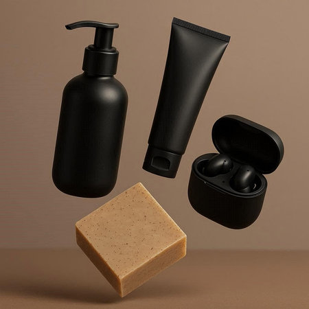 Set of black cosmetic bottles and soap. 3d render illustration.