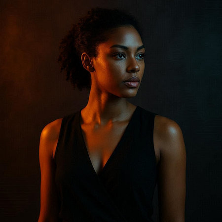 Beautiful african american woman in black dress on dark backgroundの写真素材