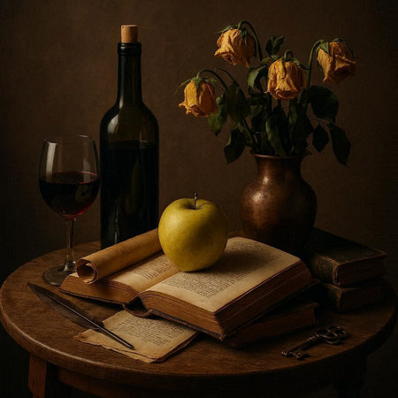 Still life with a bottle of wine, an apple, a book and a glass of red wine