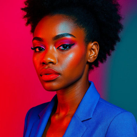 Fashionable african american woman with afro hairstyle and bright makeup. Studio shot.
