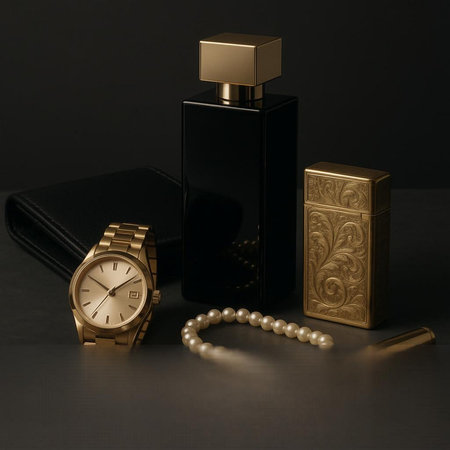 Black perfume bottle with golden wristwatch, pearl necklace and black purse on dark backgroundの写真素材